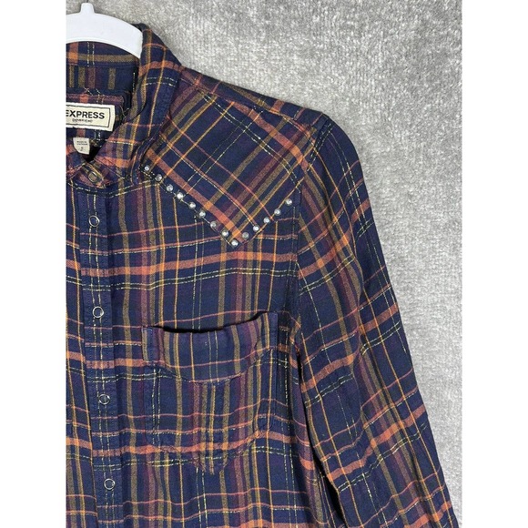 Express Boyfriend Plaid Metallic Long Sleeve Snap Front Shirt Womens Size Small - Picture 6 of 15